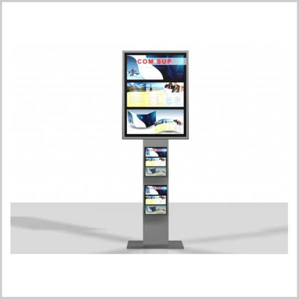 Excellio 1 est un porte affiche équipé d’un cadre clipant 60cm / 80cm et 2 porte brochure en plexiglass.