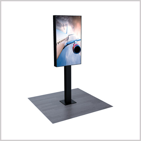 vitrine 49 pouces luminosité d’un pied métal très fin, qui se fixe au sol. Les vidéos et images fixes s’affichent automatiquement.